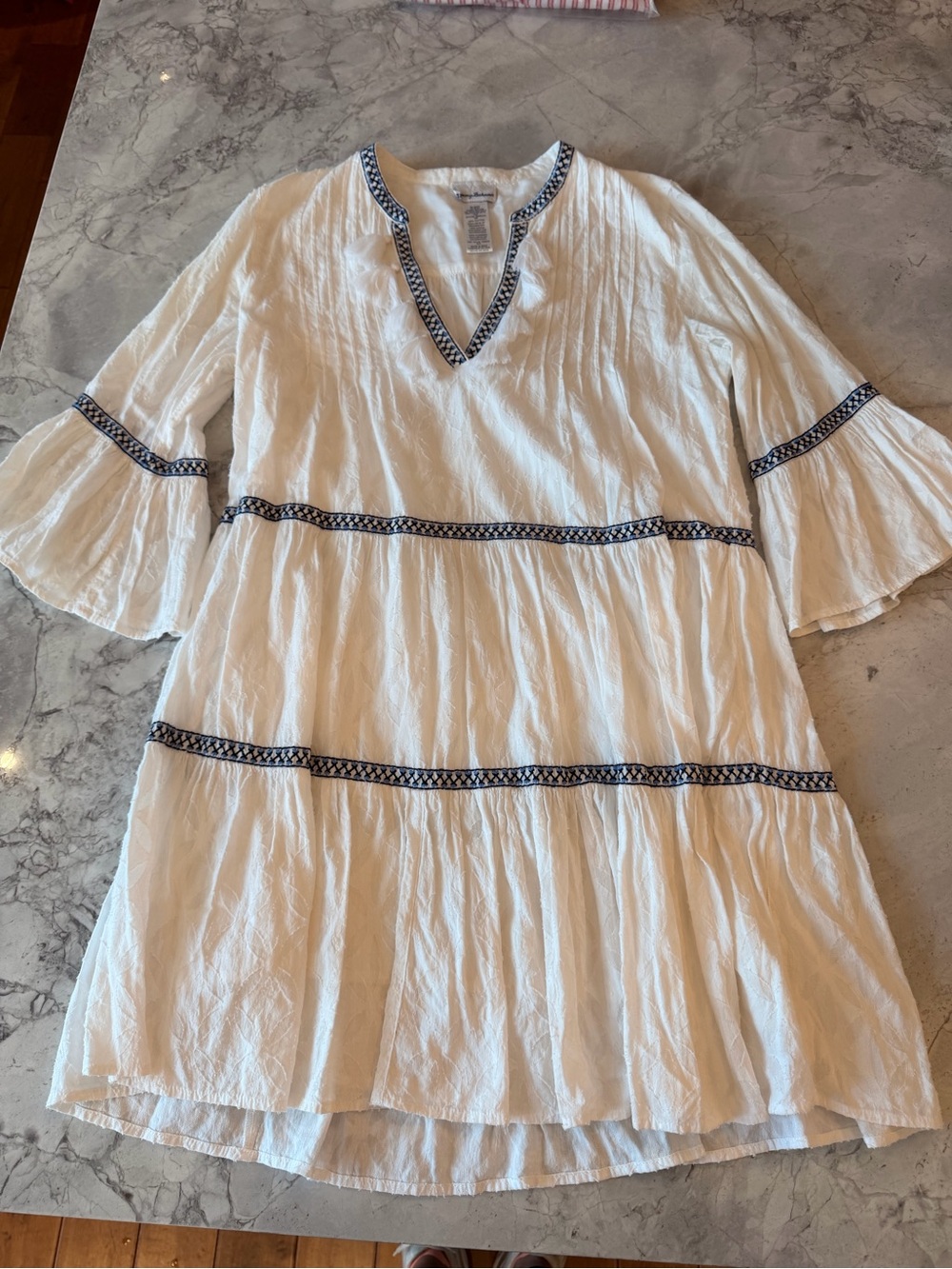 Tommy Bahama White Boho Tiered Swim Cover Up with  Navy Trim